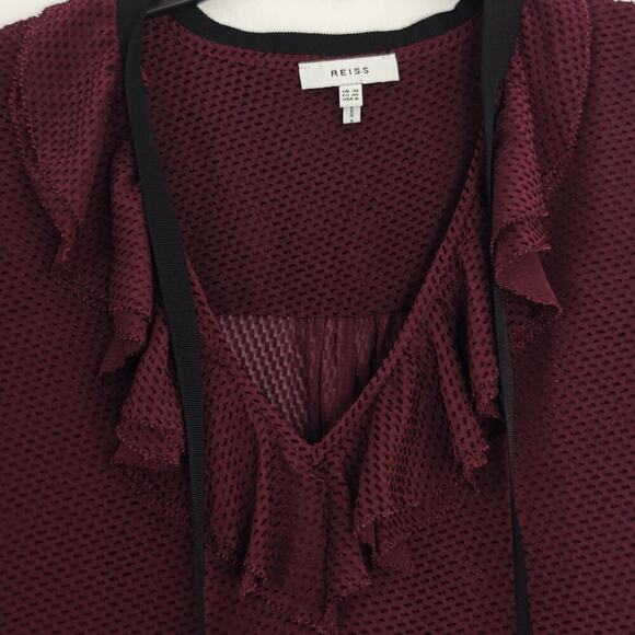 Reiss Swiss Dot Ruffle V-Neck Top Size 6 Berry Silk Blend Tie Neck Long Sleeves - Picture 3 of 9